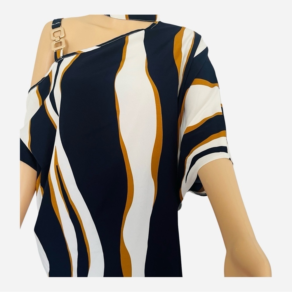 SHEIN asymmetrical neck batwing sleeve top shirt Lcolor block contemporary style - Picture 5 of 15